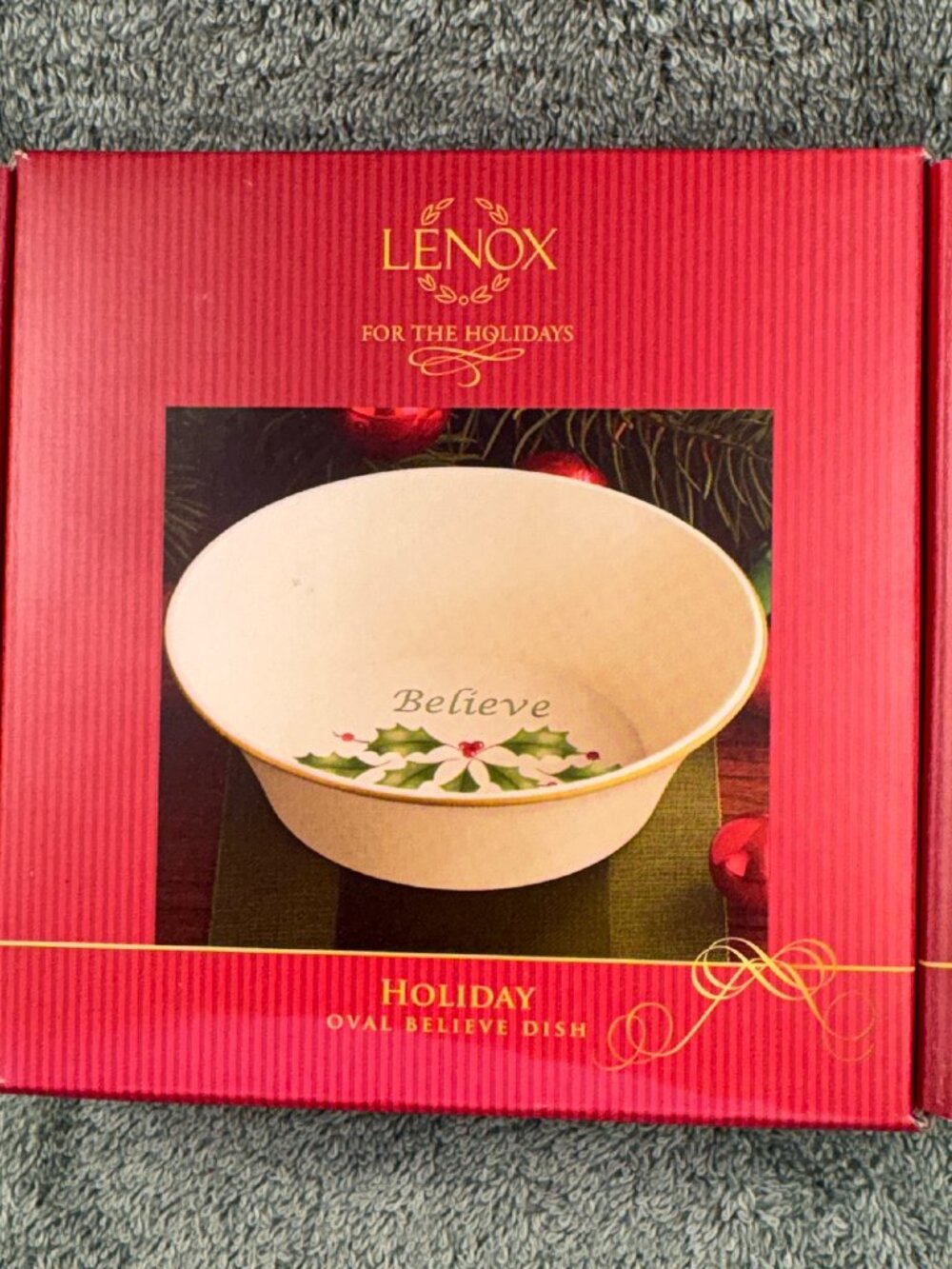 Lenox Holiday Oval Believe Candy Dish Porcelain Holly Gold Trim NIB 804429